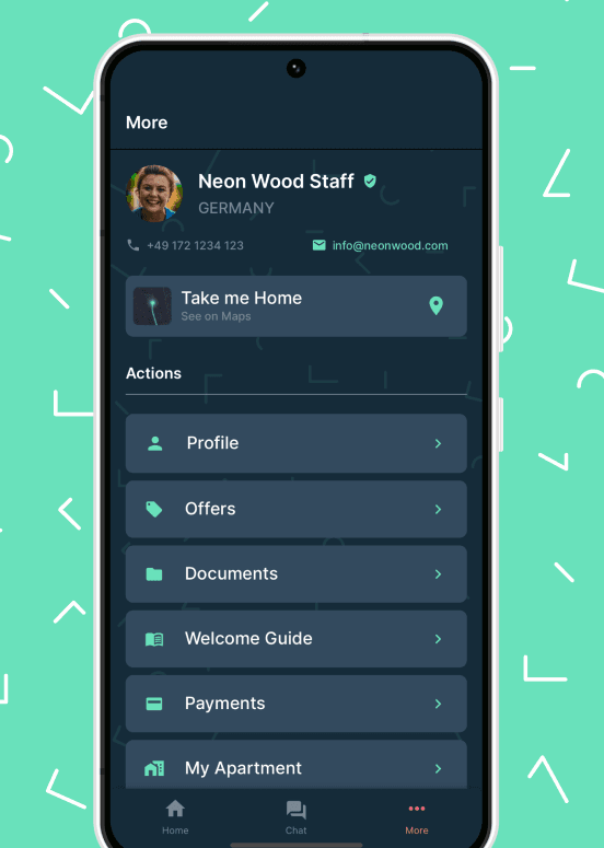 Neon Wood app home screen with feature tiles