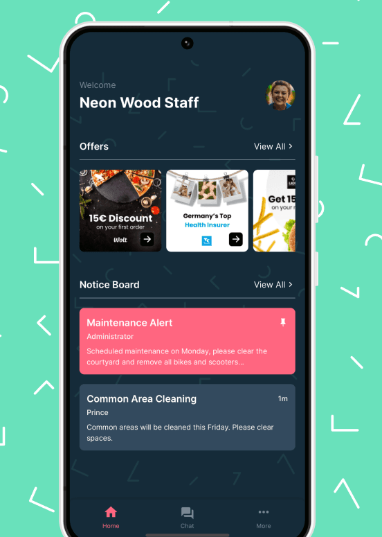 Neon Wood app notice board screen