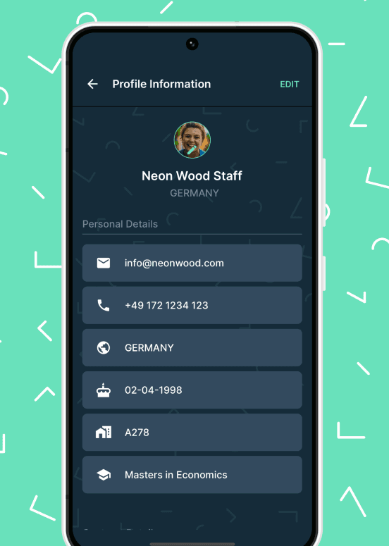 Neon Wood app profile and settings screen